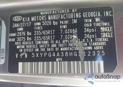 2017 Kia Sorento 2.4L Lx из США, поврежденный, VIN 5XYPG4A38HG312325